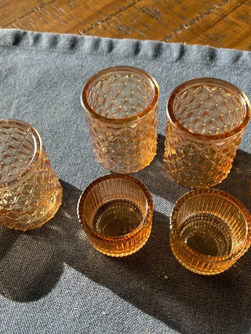 Amber glass votives 3 diamond cut 2.5 in tall 4 line cut 1.5 in t